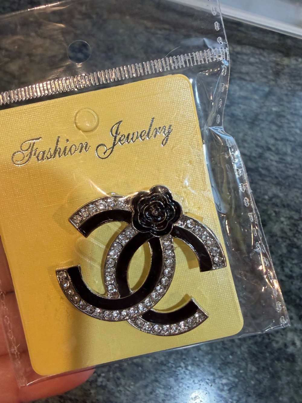 Black/faux crystal flower double C brooch pin NEW